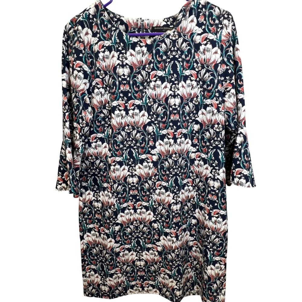 Banana Republic Navy Floral Bell Sleeve Shift Dress S Keyhole Back Cottagecore